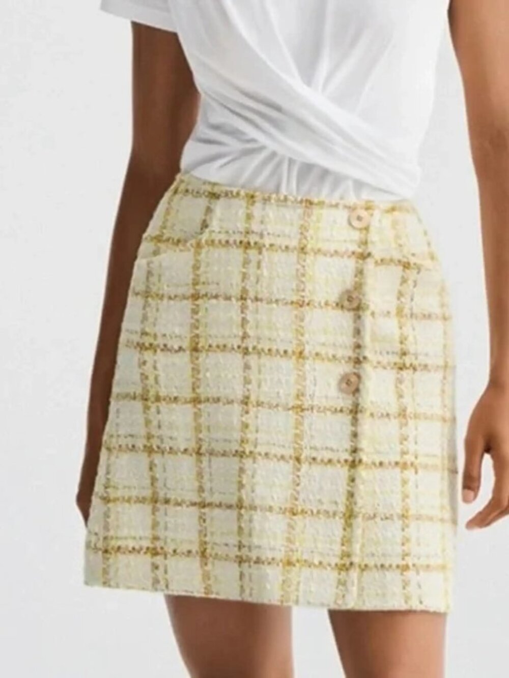 Cabi Coco tweed skirt mini yellow plaid yellow cream button preppy women new 6